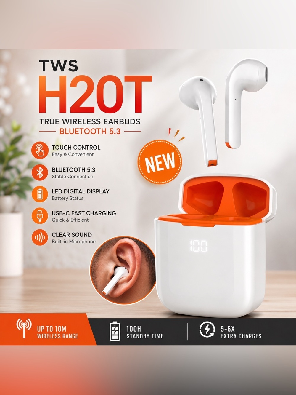 NEW TWS H20T Bluetooth 5.3 Wireless Earbuds LED Touch Display USB-C White